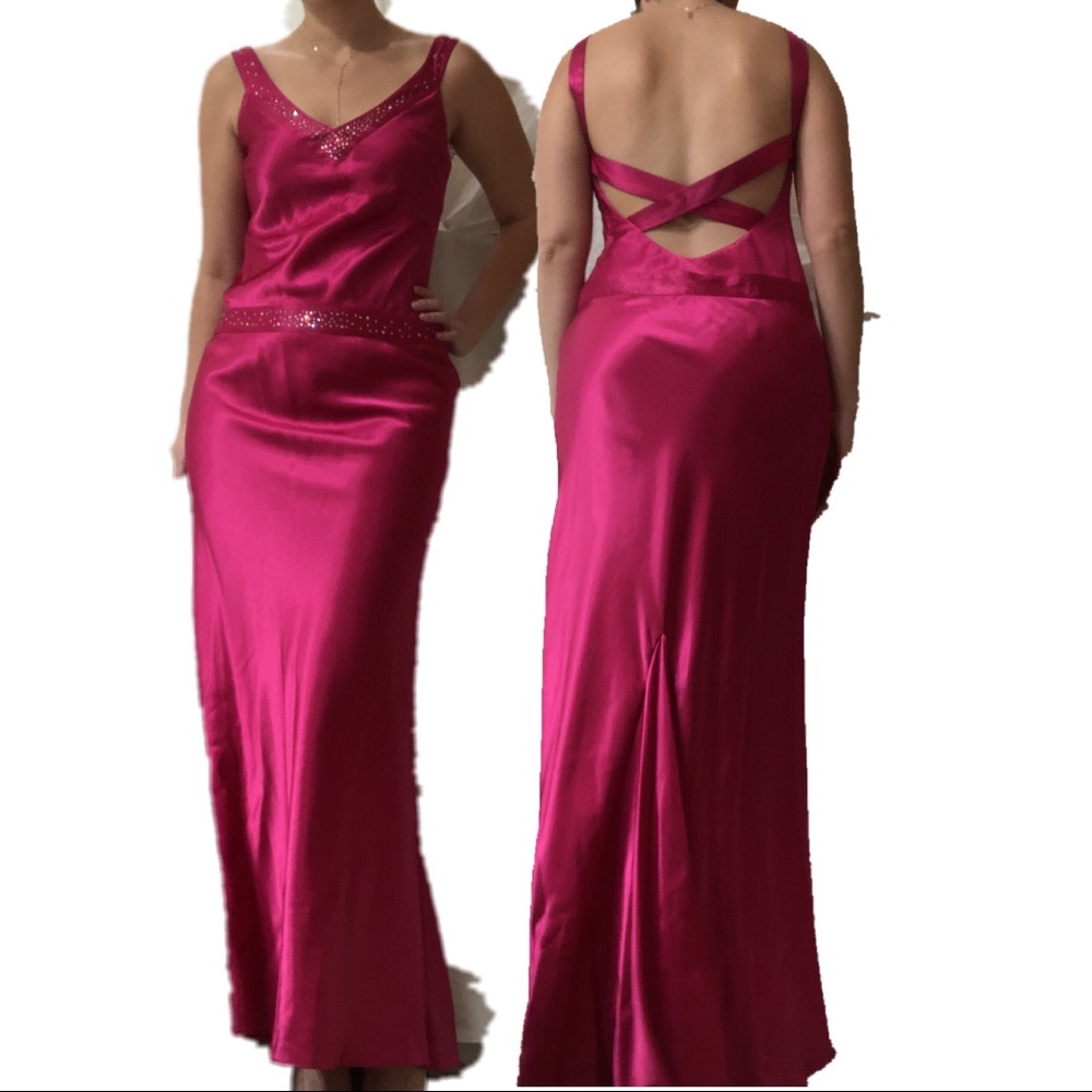 Hot pink v-neck floor length gown crossed straps